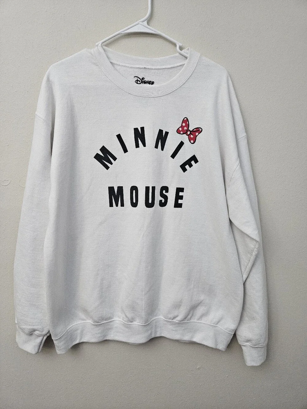 Disney White Minnie Mouse Crewneck Sweatshirt with Pink Bow Size L